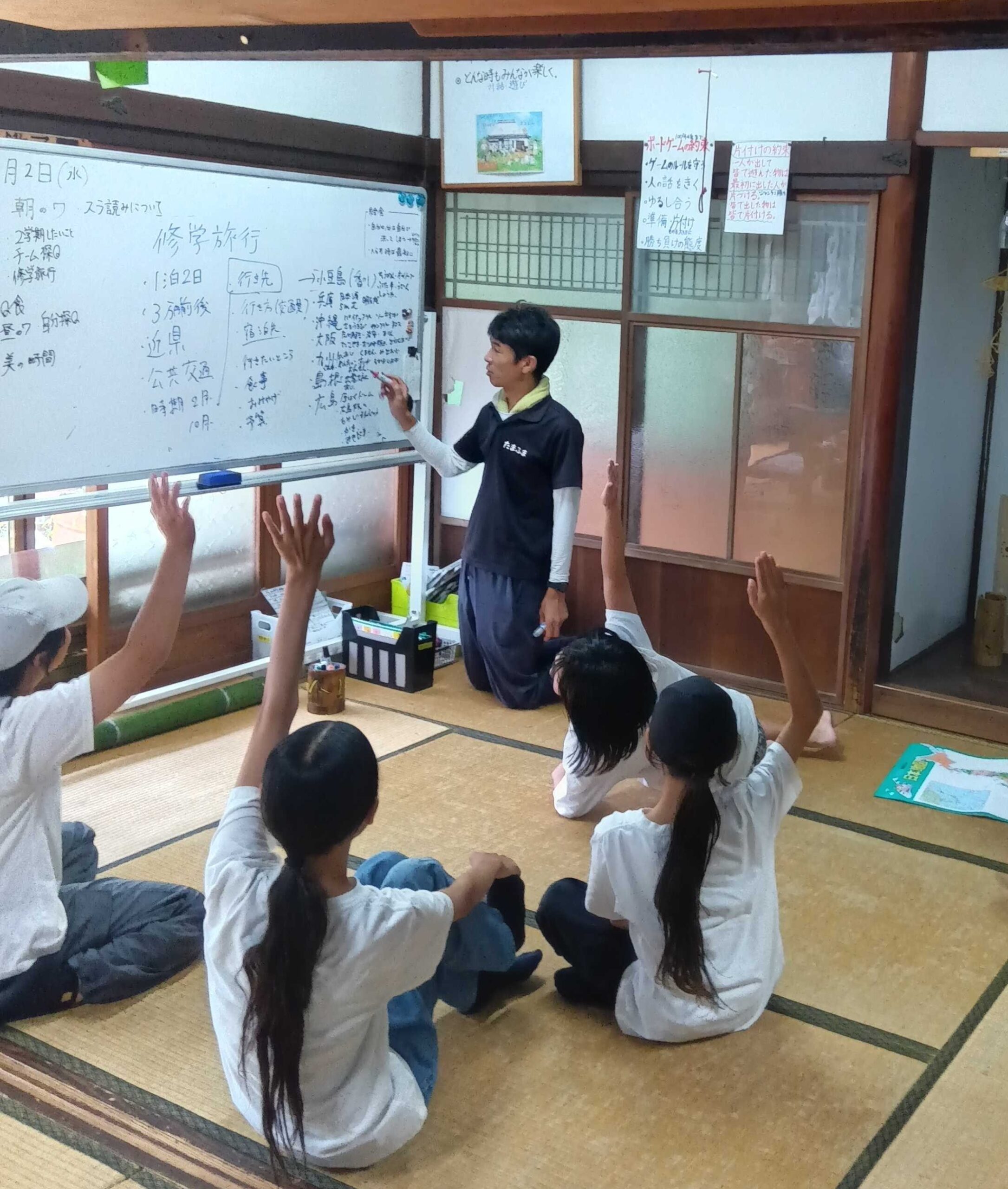 修学旅行の行き先について手を挙げる子どもたちの様子