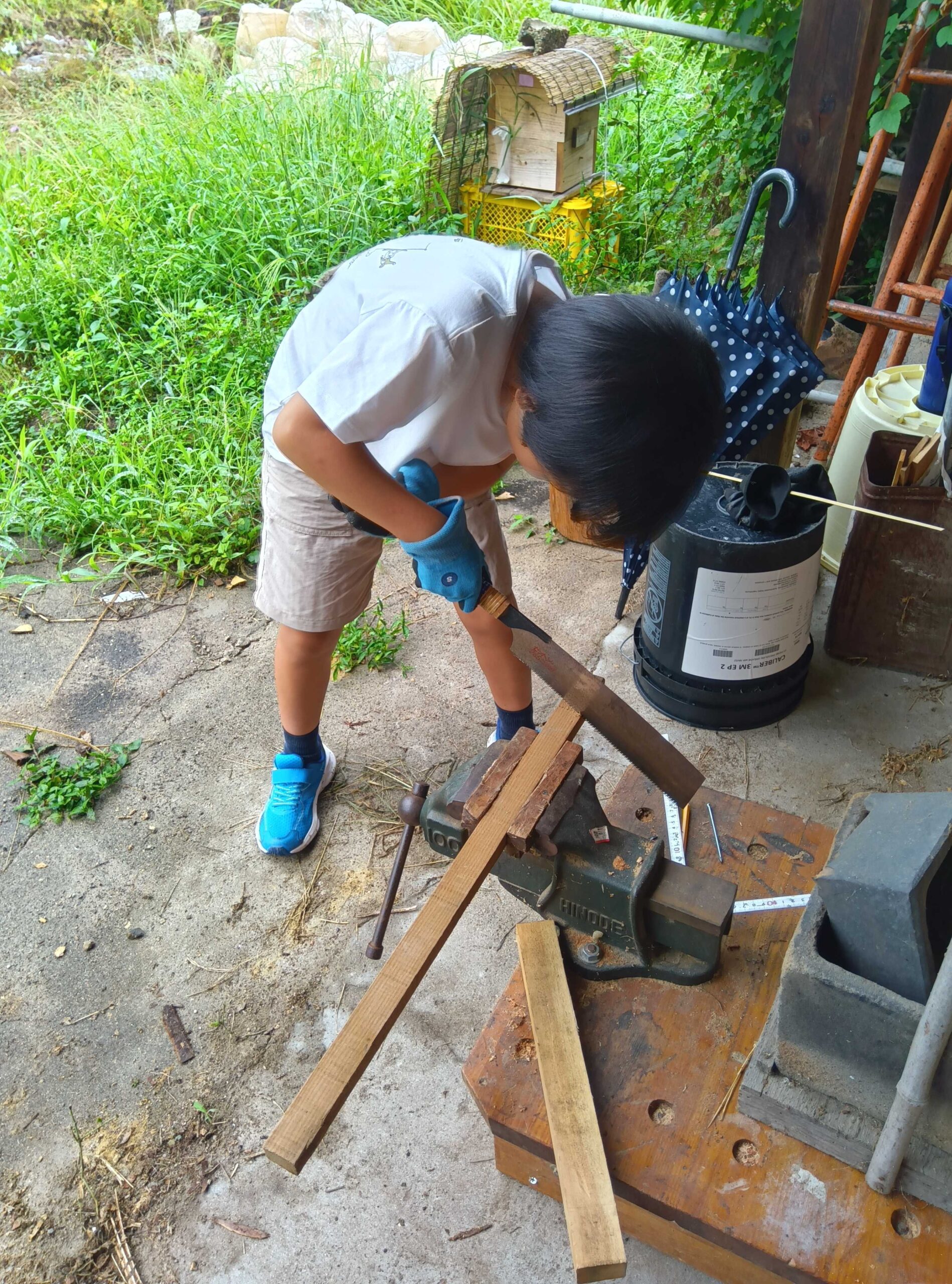 万力で木材を固定してのこぎりで切る様子