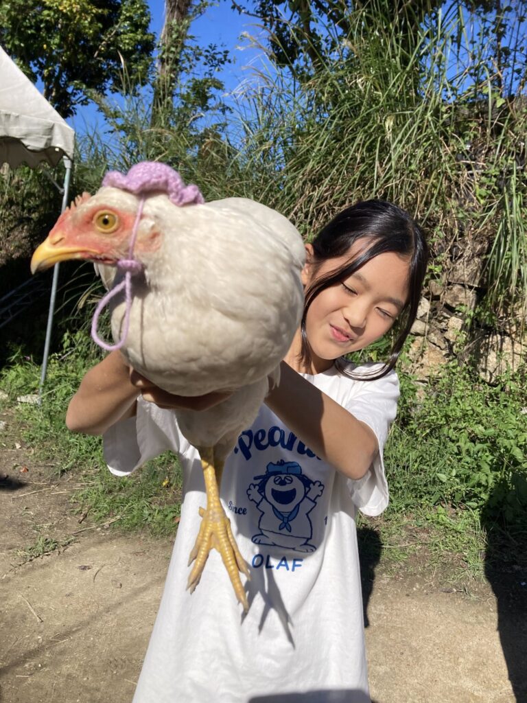 毛糸の帽子をかぶった白いニワトリを抱える子
