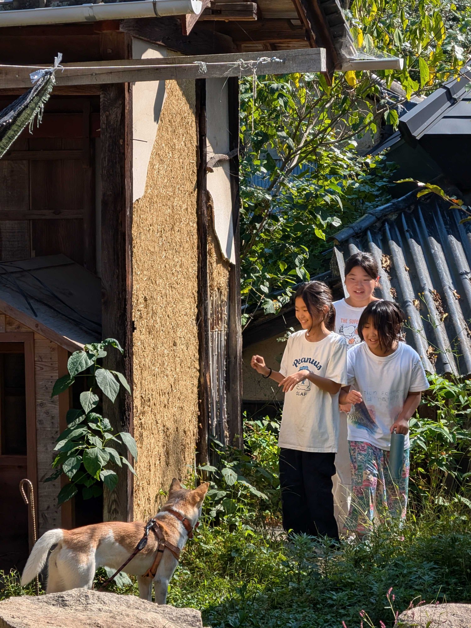 小屋のそばで笑い合う子どもたちと、犬