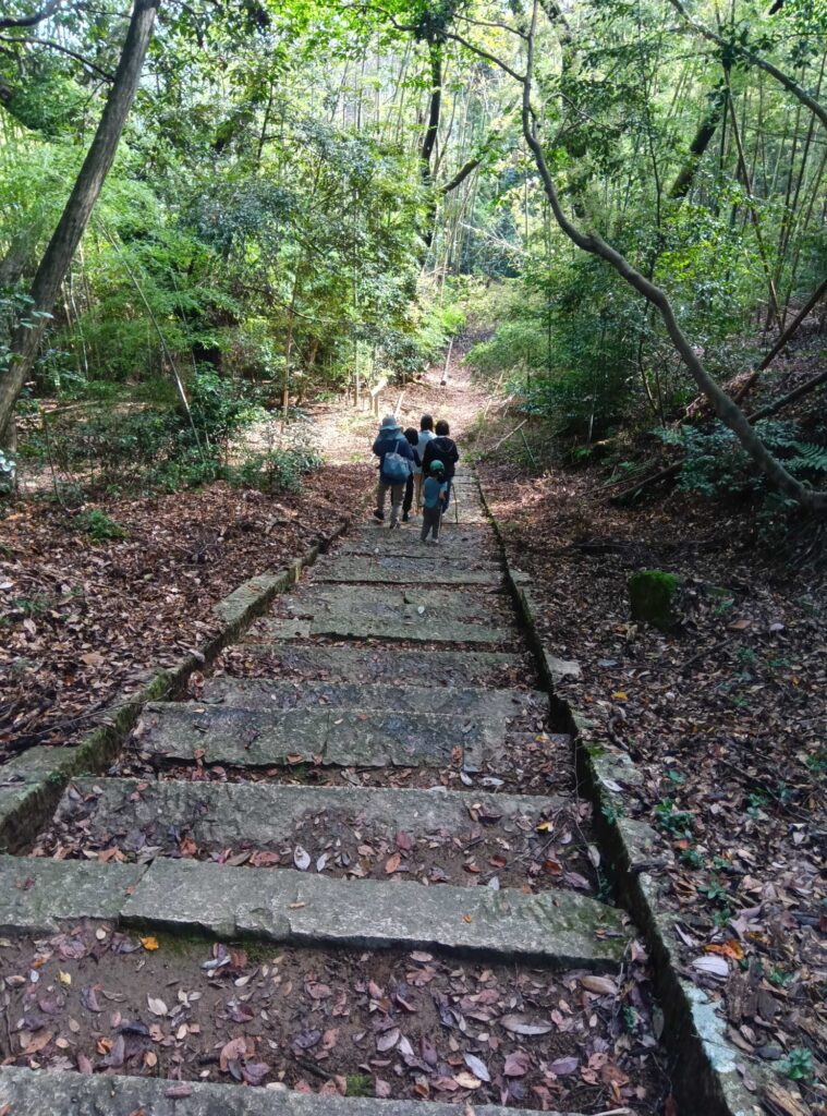 木々に囲まれた石段の山道を登っていく子どもたち