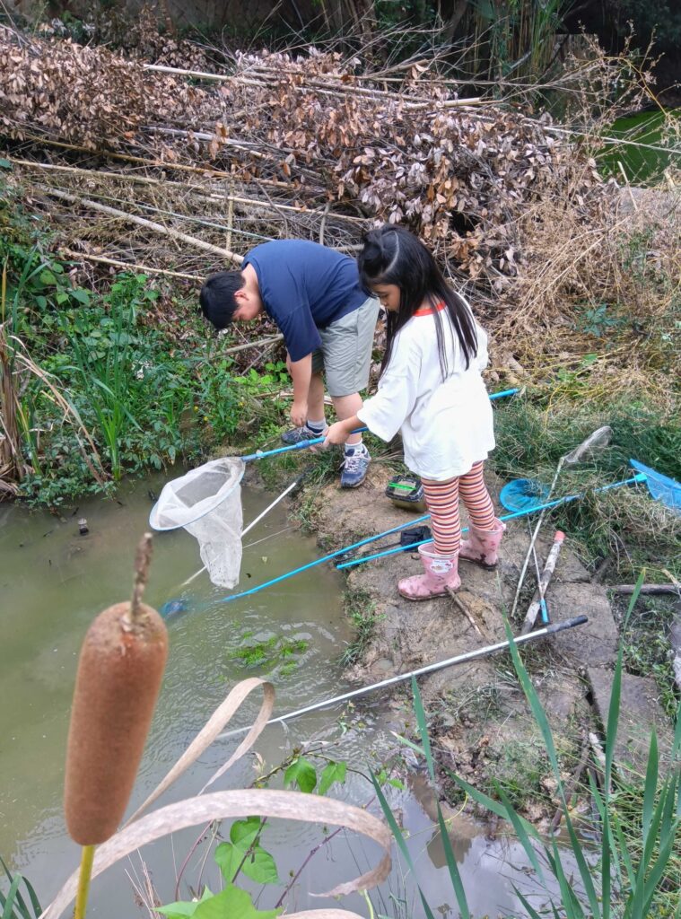 網を持って水辺でザリガニをとる子どもたち
